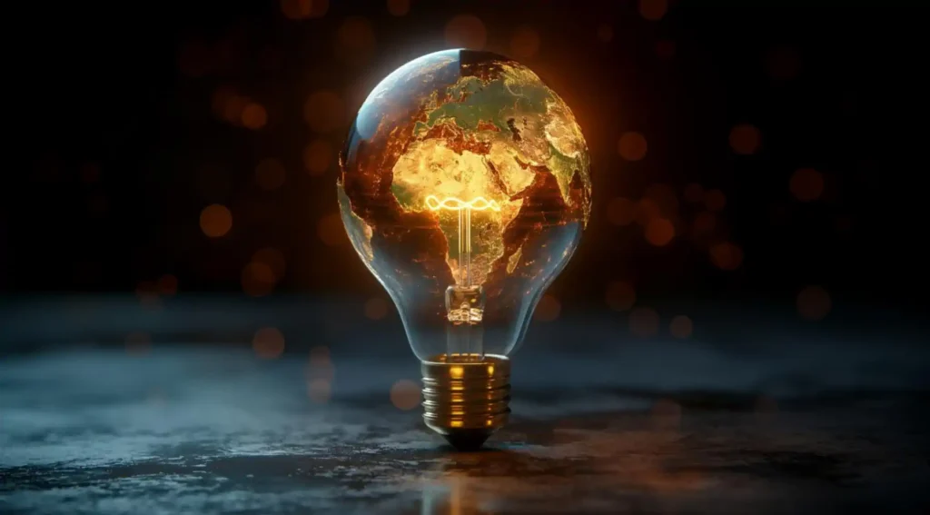 Bombilla dorada con mapa del mundo representando innovación y propiedad intelectual global
