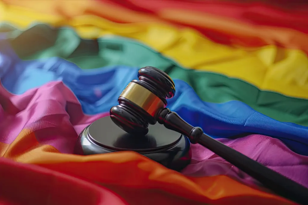 Bandera arcoíris LGBT+ con martillo de juez simbolizando derechos y propiedad intelectual