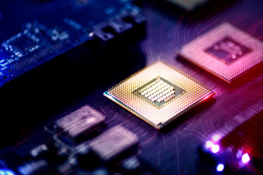 Microchip dorado sobre superficie tecnológica azul representando innovación en semiconductores