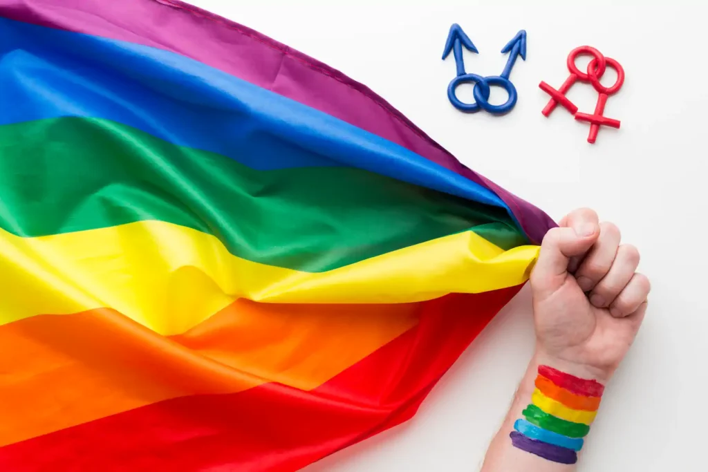 Bandera LGBT+ con símbolos de género sobre fondo blanco