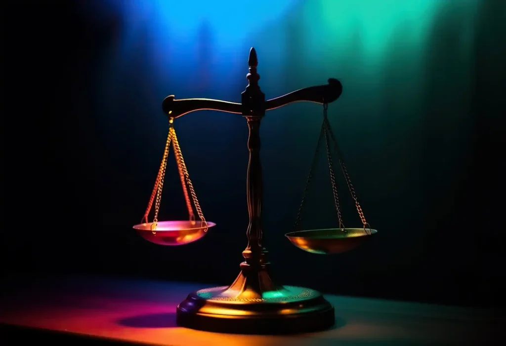 Balanza de justicia iluminada representando la protección de propiedad intelectual en México