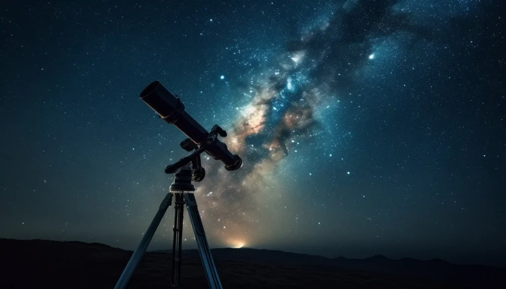 Telescopio apuntando a la Vía Láctea en cielo nocturno estrellado