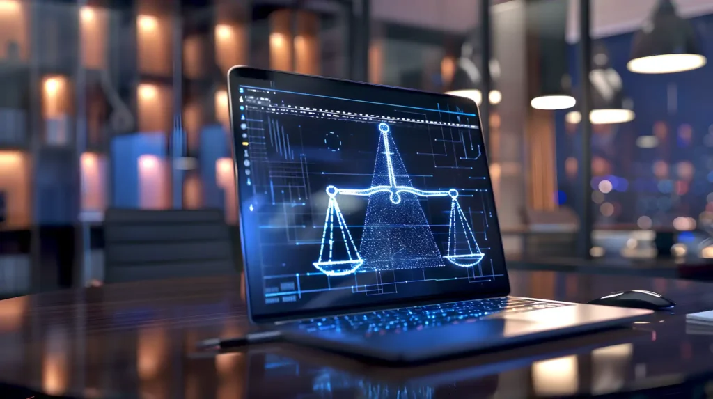 Laptop con balanza de justicia digital en oficina moderna