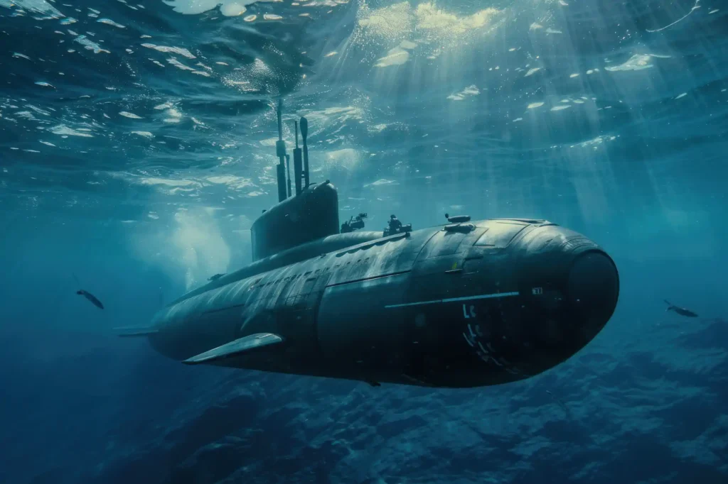 Submarino militar negro navegando bajo el agua azul