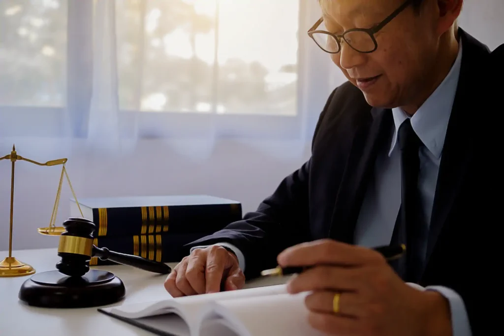 Abogado mayor revisando documentos legales en su escritorio