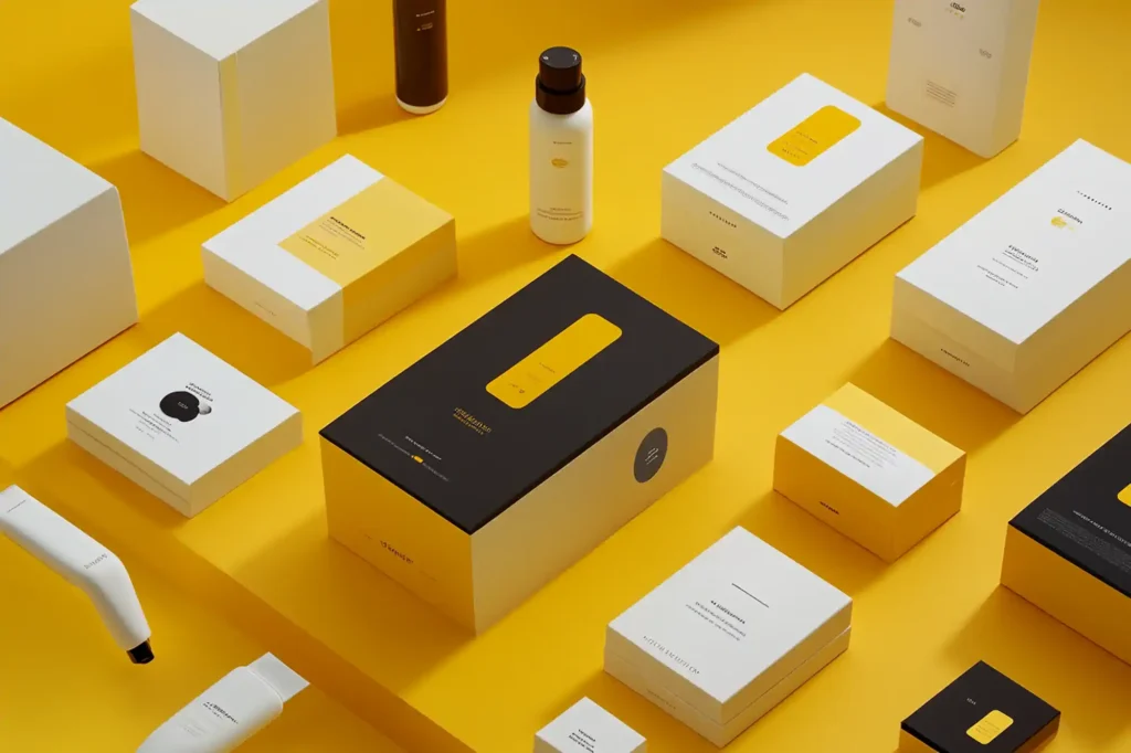 Colección de packaging minimalista en blanco, negro y amarillo
