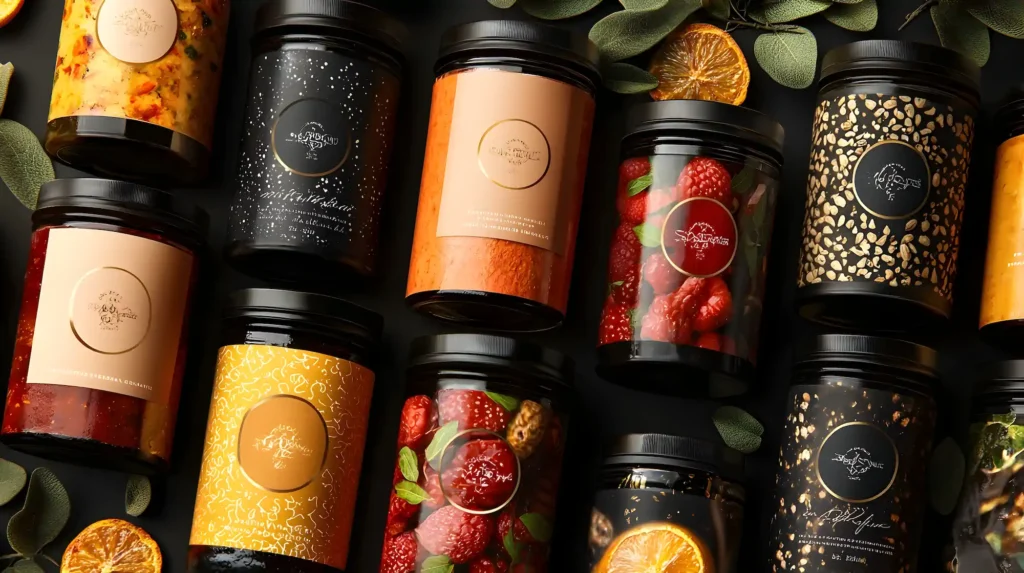 Colección de frascos gourmet con frutas y especias sobre fondo oscuro