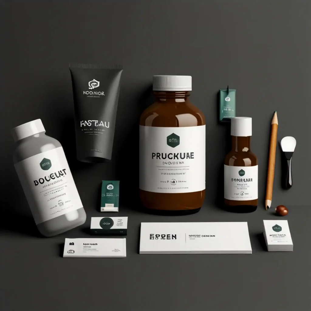 Kit de identidad de marca con productos cosméticos y papelería