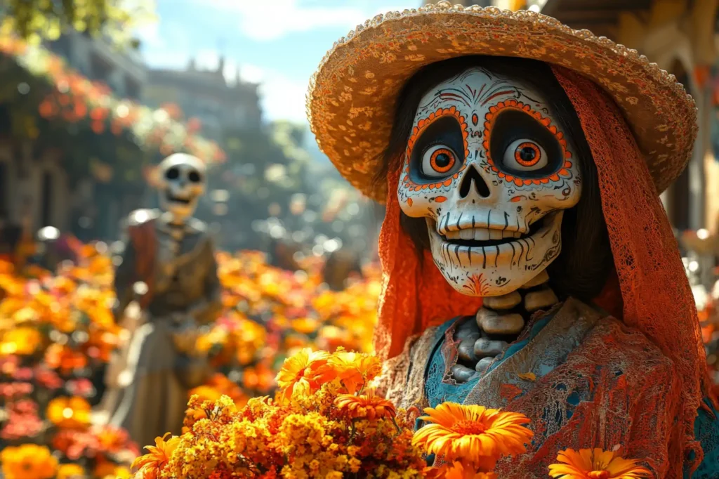 Catrina con sombrero rodeada de flores de cempasúchil