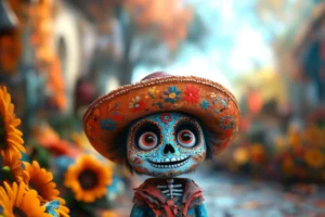 Personaje animado tipo calaverita con sombrero y flores de cempasúchil