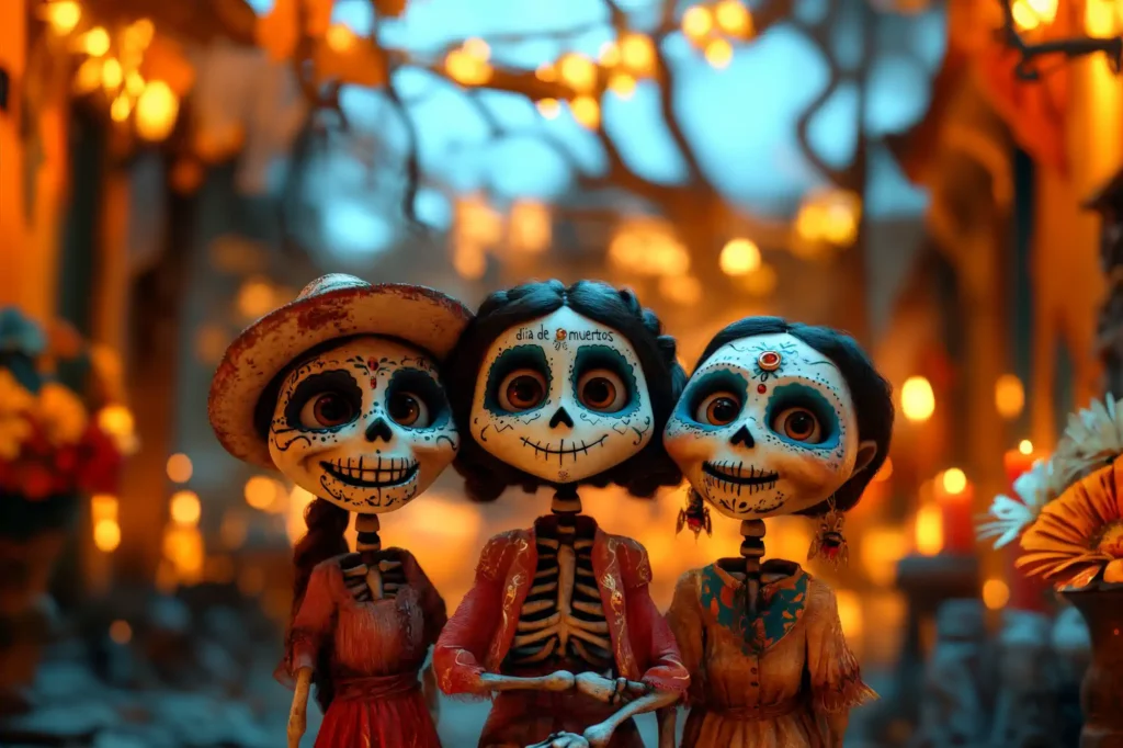 Tres figuras de calaveras animadas del Día de Muertos