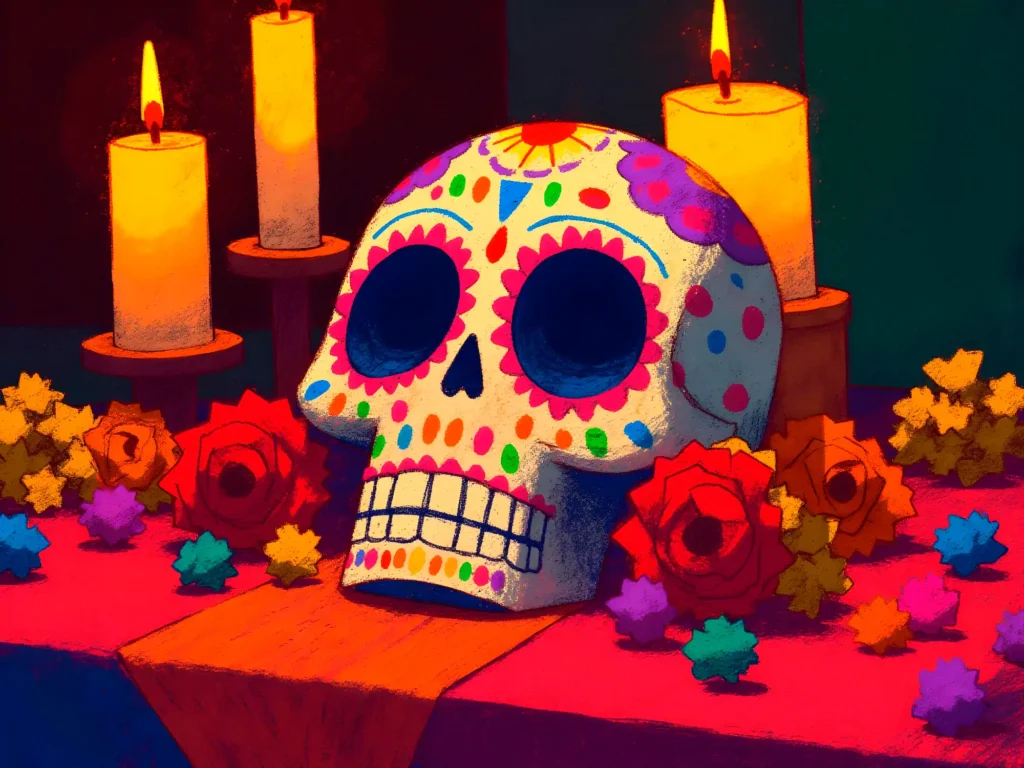 Calavera decorada de Día de Muertos con velas y flores