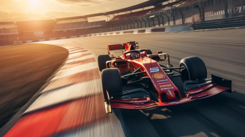 Red Formula 1 car taking a curve at sunset