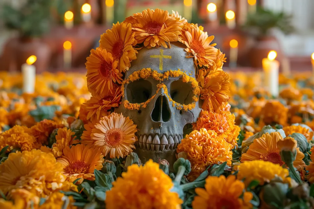Calavera decorada con flores de cempasúchil para Día de Muertos