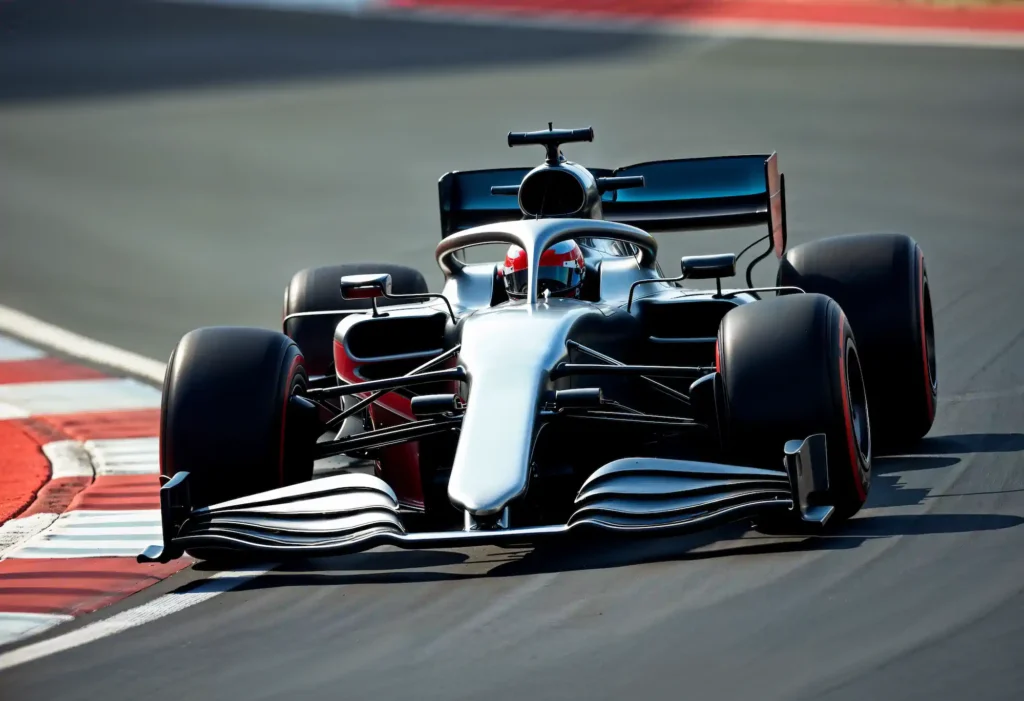 Silver Formula 1 car taking a curve on the track