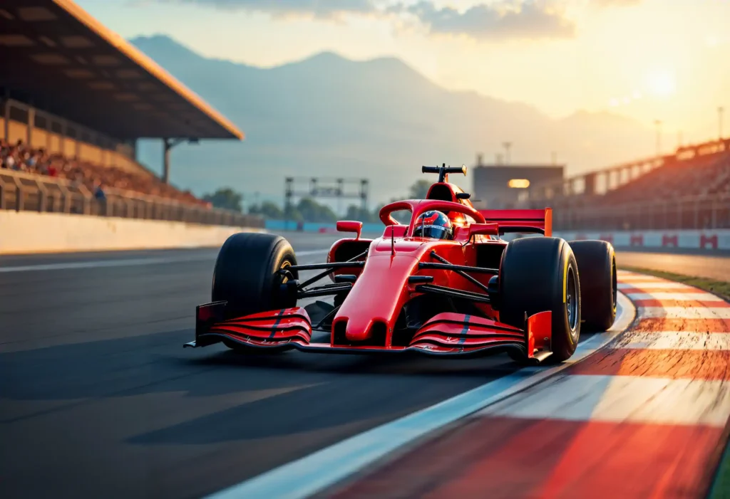 Red Formula 1 car taking a curve at sunset