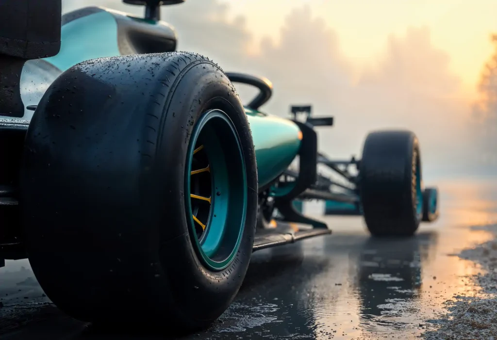 Teal Formula 1 car tire at dawn