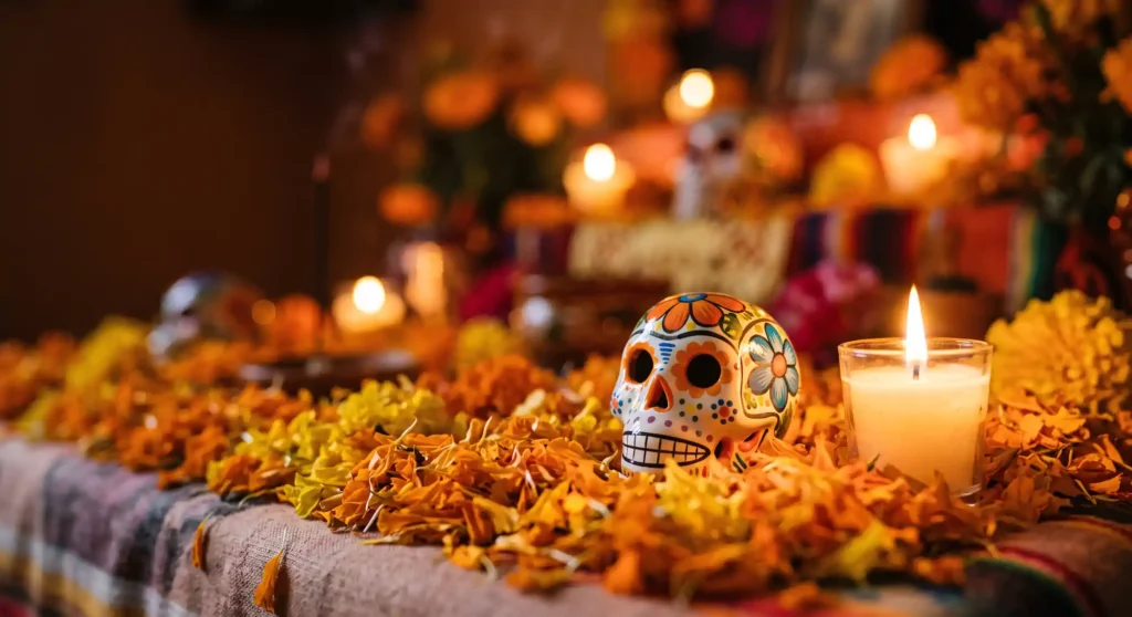 Calavera decorada entre flores de cempasúchil y velas